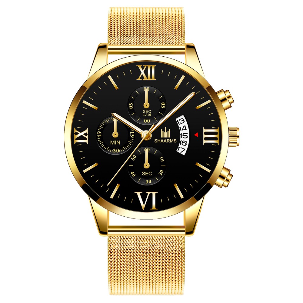 SHAARMS Jam Tangan Pria Fashion Jam Tangan Kalender Kuarsa Tali Mesh Stainless Steel Ultra-tipis