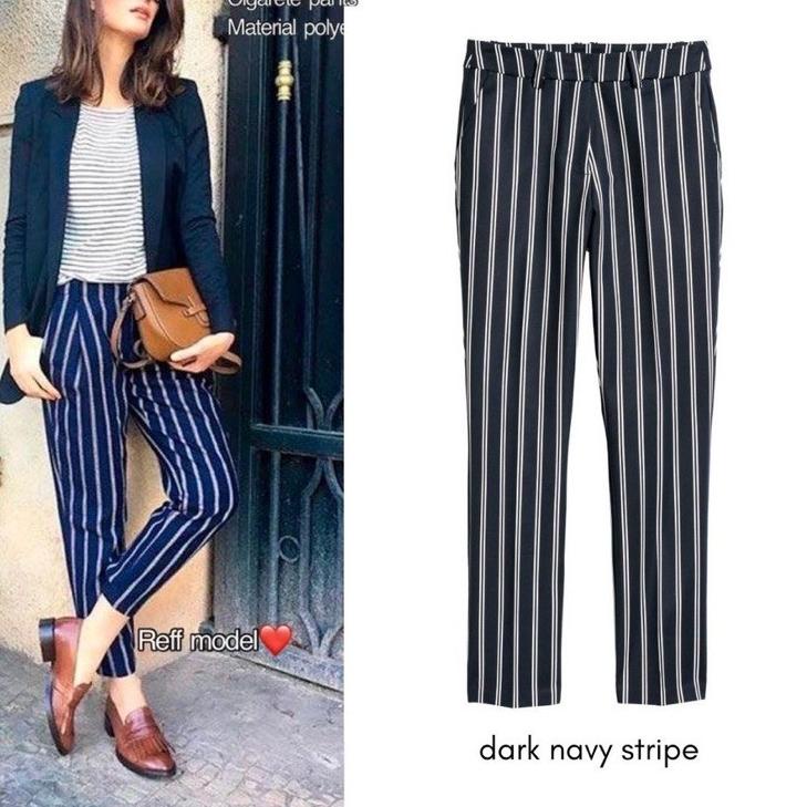 xoj HM Women Slim Ankle Stripe Pants - Celana bahan - Trouser wanita - Celana panjang casual Promo S