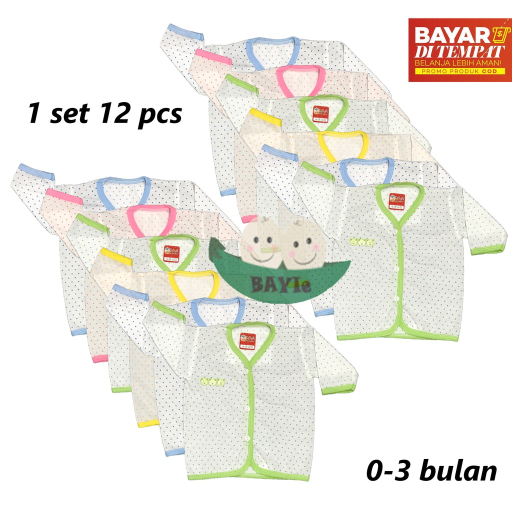 BAYIe - 12 Pcs  Baju Bayi Lengan Panjang Motif POLKADOT TASYA Baru Lahir(New Born) umur 0-3 bulan