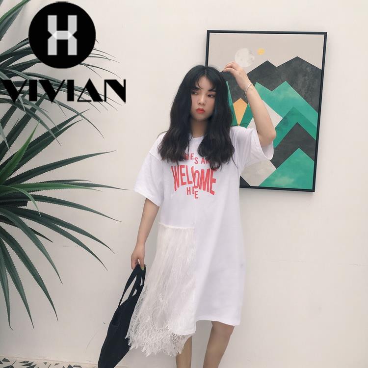 ?VIVIAN?Dress Kaos Sambungan Mesh Midi Asimetris Motif Print Gaya Korea untuk Wanita