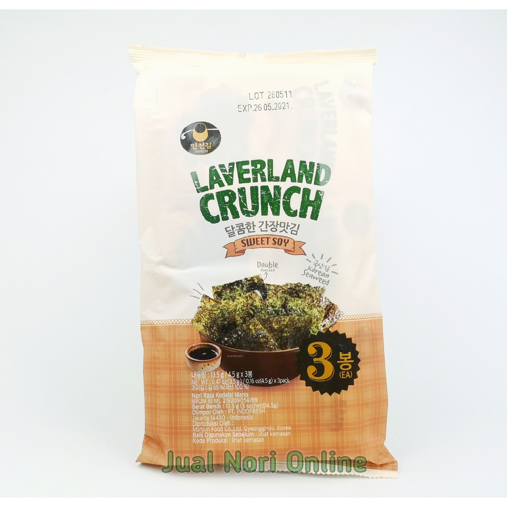 Manjun Laverland Crunch SWEET SOY crispy seaweed snack nori rumput laut 3 x 4.5 gram