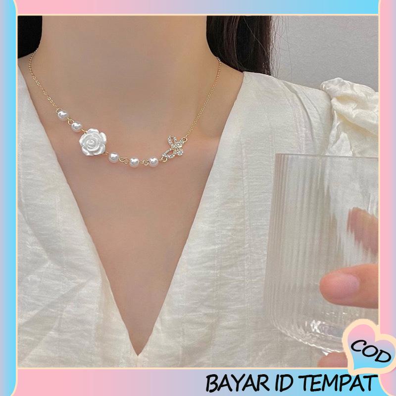 COD❤️ Desain Niche Indah Mutiara Busur Mawar Kalung Gadis Temperamen-A.one