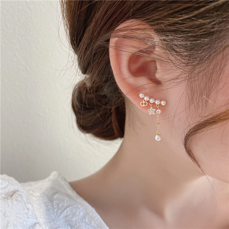 Anting Tusuk Gantung Desain Geometri + Bintang + Tulisan Hias Mutiara + Berlian Imitasi Gaya Korea Untuk Wanita