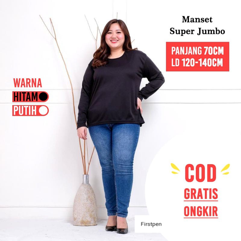 Kaos Manset Polos Hitam Putih Lengan Panjang Wanita Jumbo Bigsize LD Sampai 130