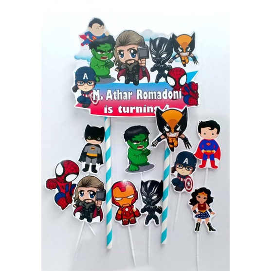 TOPPER CAKE HIASAN KUE ULANG TAHUN GAMBAR MARVEL AVENGERS CHIBI BISA CUSTOM NAMA