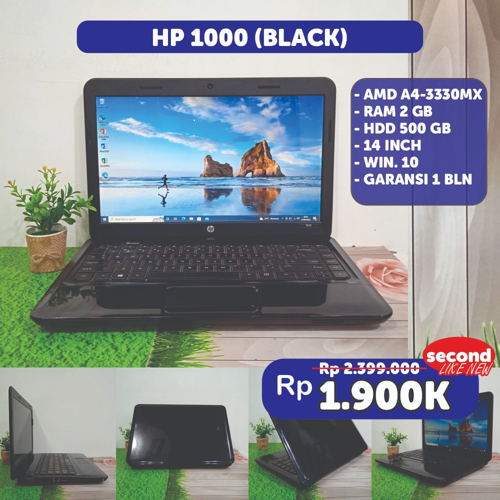 Laptop 1jutaan HP 1000 AMD A4 RAM 2GB HDD 500GB Layar 14" Bening 1jutaan Mulus Siap Pakai