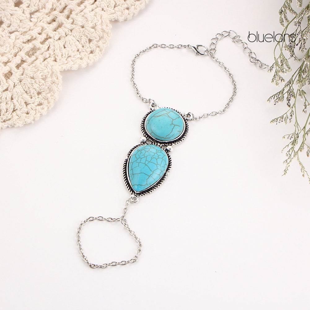 Bluelans Women Boho Retro Celebrity Turquoise Slave Chain Ring Bracelet Hand Harness