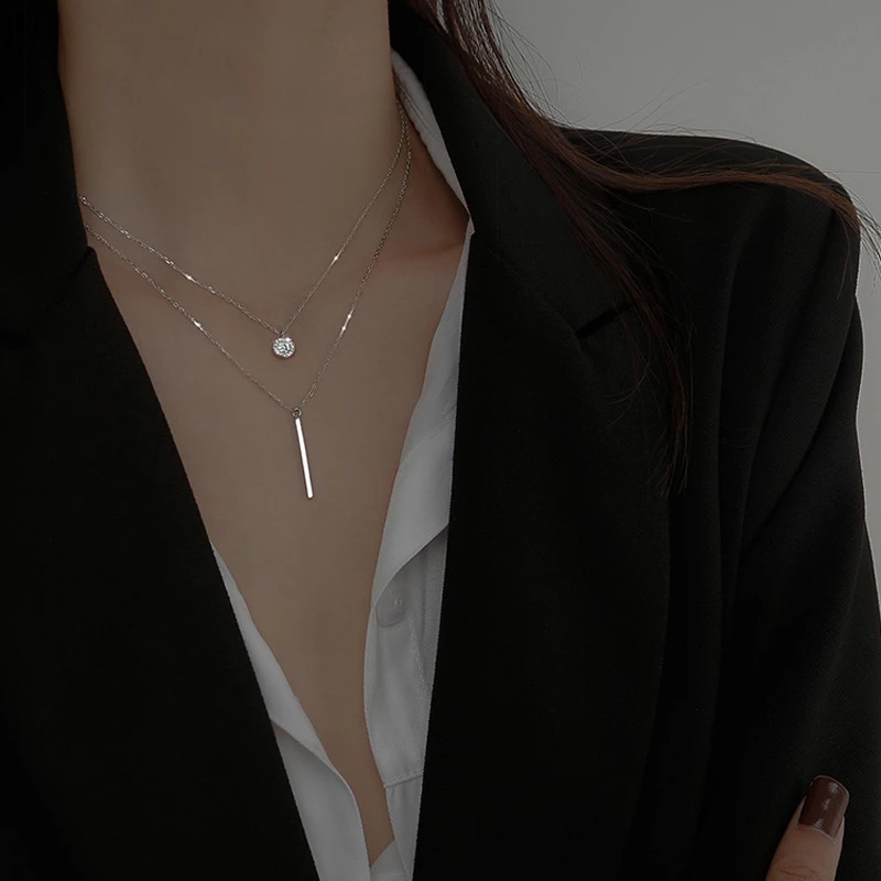 Kalung Rantai Choker Double layer Liontin Tongkat Panjang Bahan Zirkon Gaya Korea Untuk Wanita