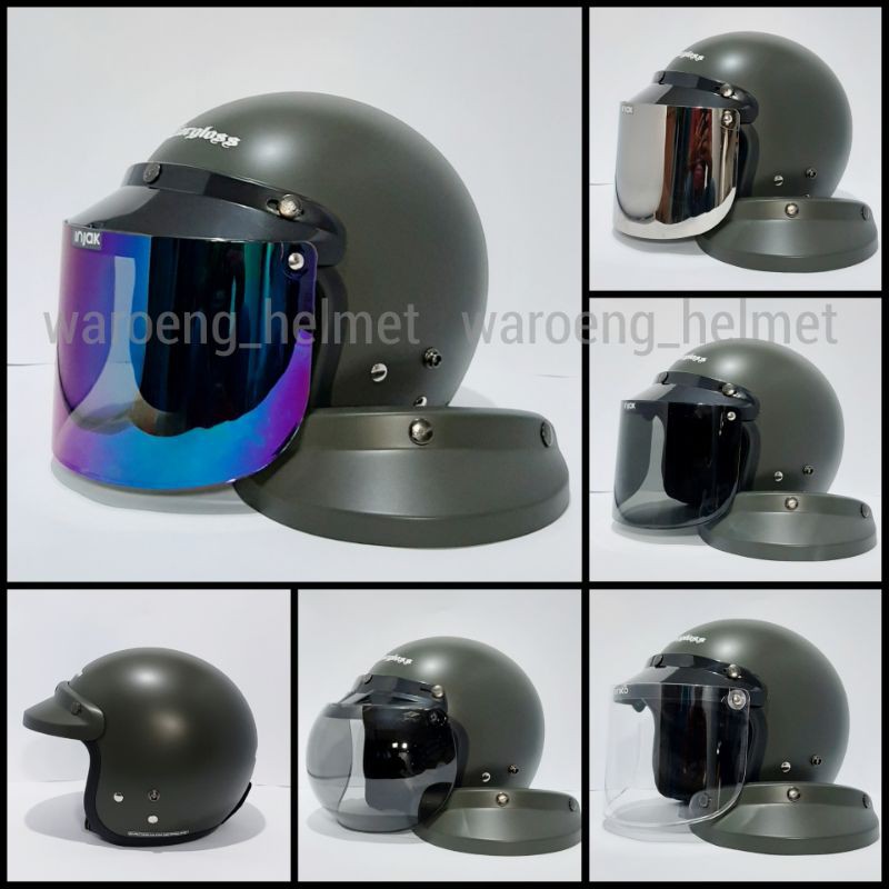 HELM BOGO CARGLOSS ORY HIJAU ARMY DOP SET KACA DATAR/CEMBUNG DAN PET