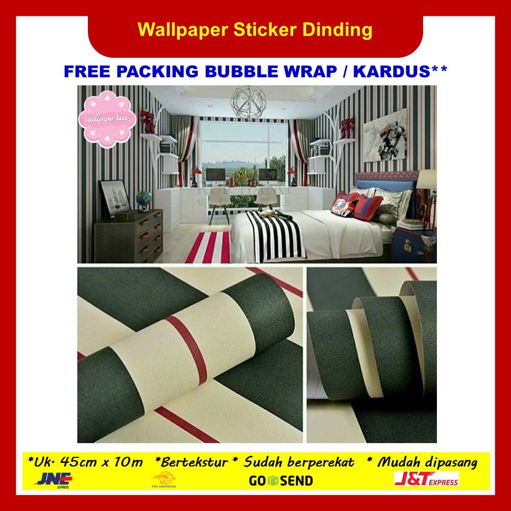 Wallpaper Sticker Dinding Ukuran 45cm X 10m Garis Hitam Merah Cream