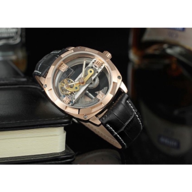 Jam Tangan Automatic Transparan Forsining Original Mewah Rose Gold