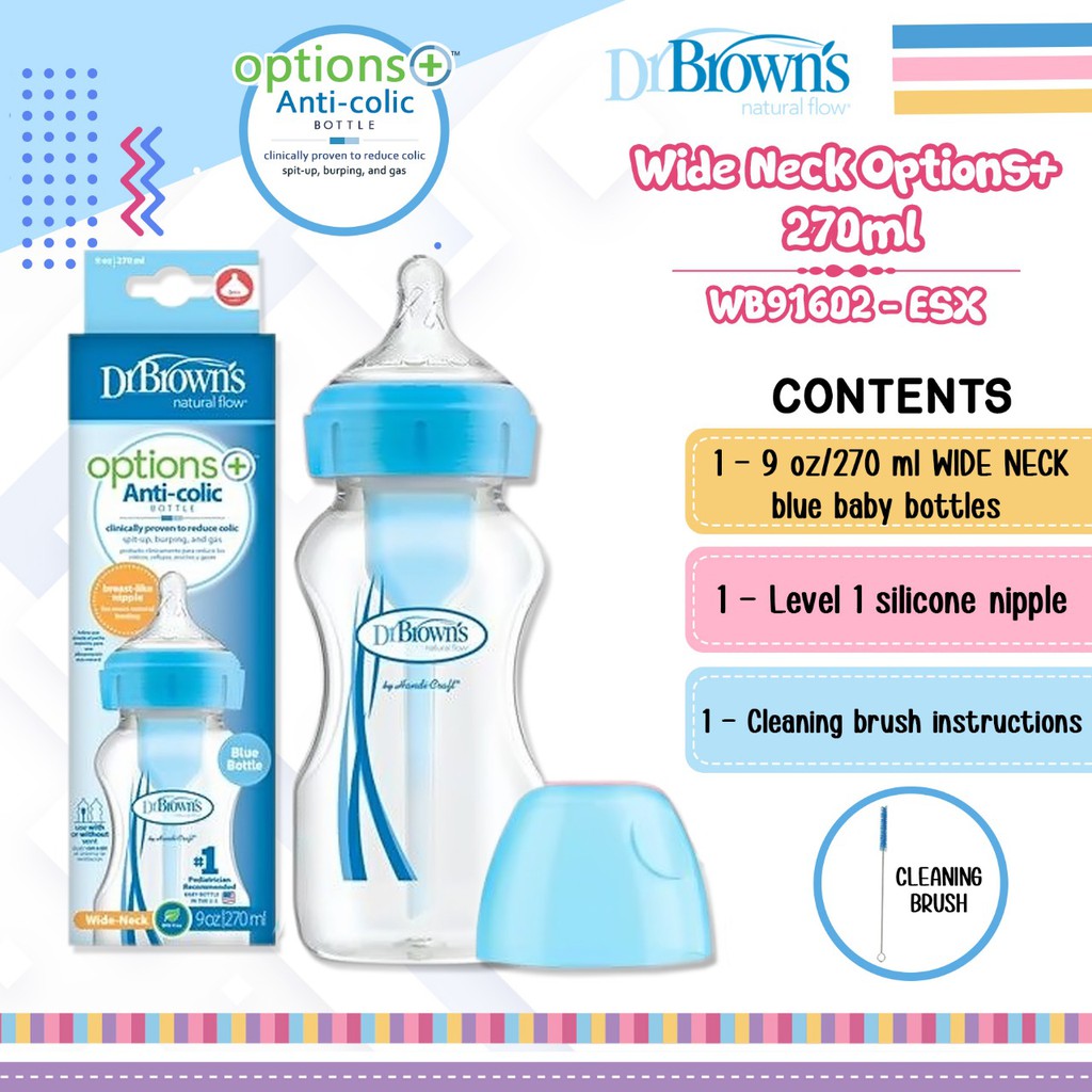 Dr Brown's Bottle Wide Neck Option+ 270ml BLUE (91602) / botol susu bayi