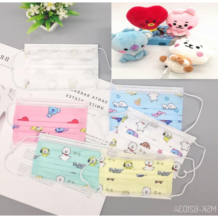 isi 10Pcs/Pack Masker mulut TEBAL Motif Anak BTS BT21 IMPORT 3Ply EKONOMIS K-POP KPOP KOREA IDOL