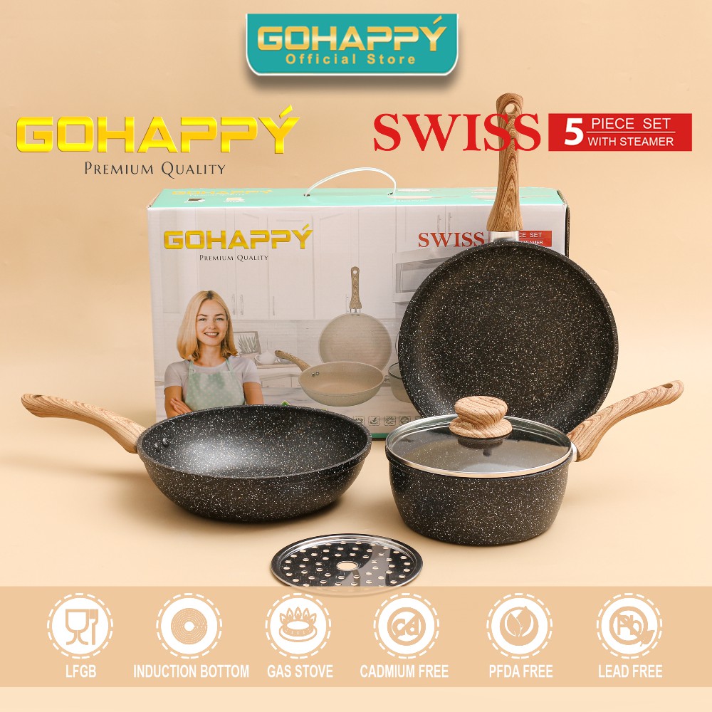 EVERLUX Gohappy Granite Pan isi 5pc - Panci set swiss saucepan fyr wok pan and steamers