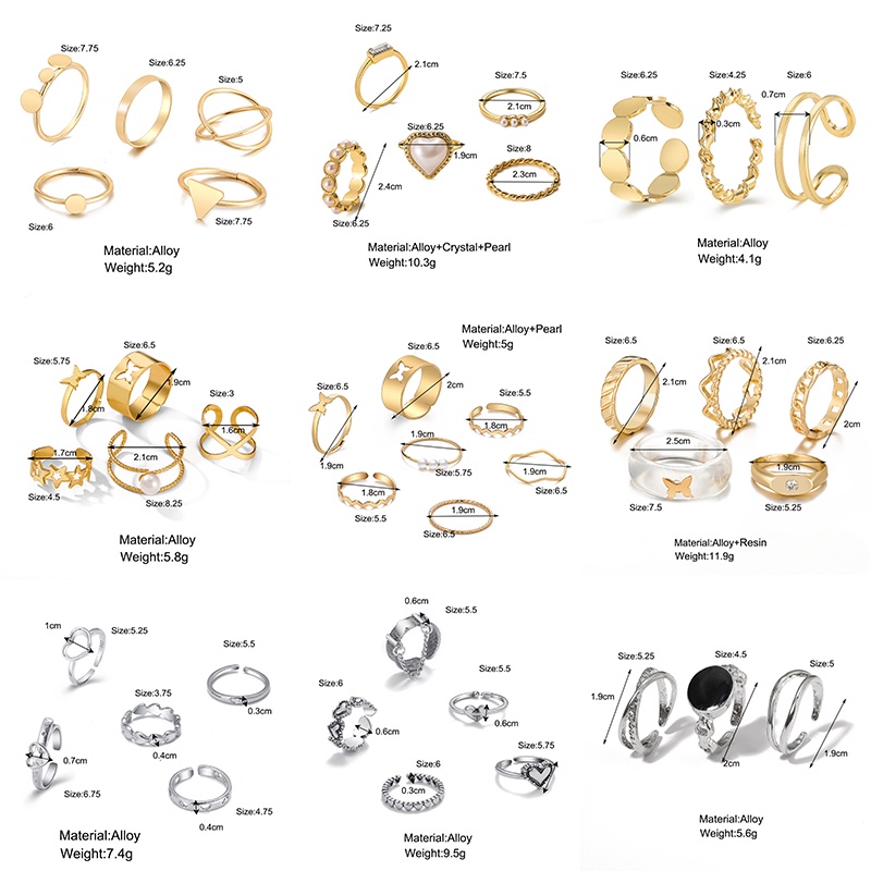 YEEZII 8pcs / Set Cincin Desain Butterfly Hati Warna Emas Silver Gaya Retro Untuk Wanita