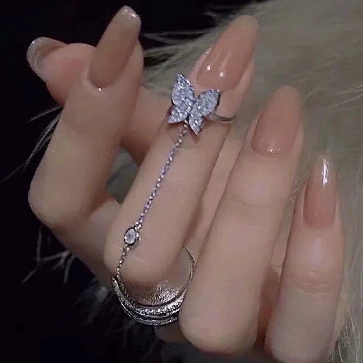 IFYOU Cincin Desain Kupu-Kupu Aksen Berlian Warna Silver Gaya Korea Untuk Wanita