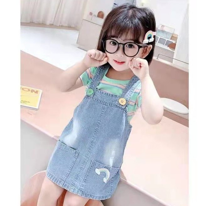 KF CAT Dress Jeans Overall Anak Perempuan Motif Stripe Rainbow Import Pakaian Anak Cewek 9bulan - 3tahun-Hijau