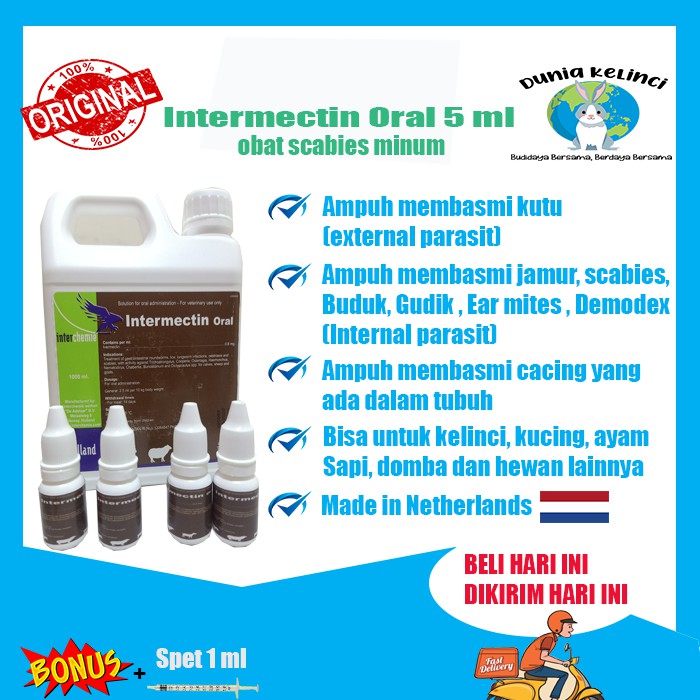 OBAT SCABIES GUDIK KUTU INTERMECTIN ORAL 5 ML CACING PARASIT KELINCI KUCING ANJING HAMSTER  HEWAN