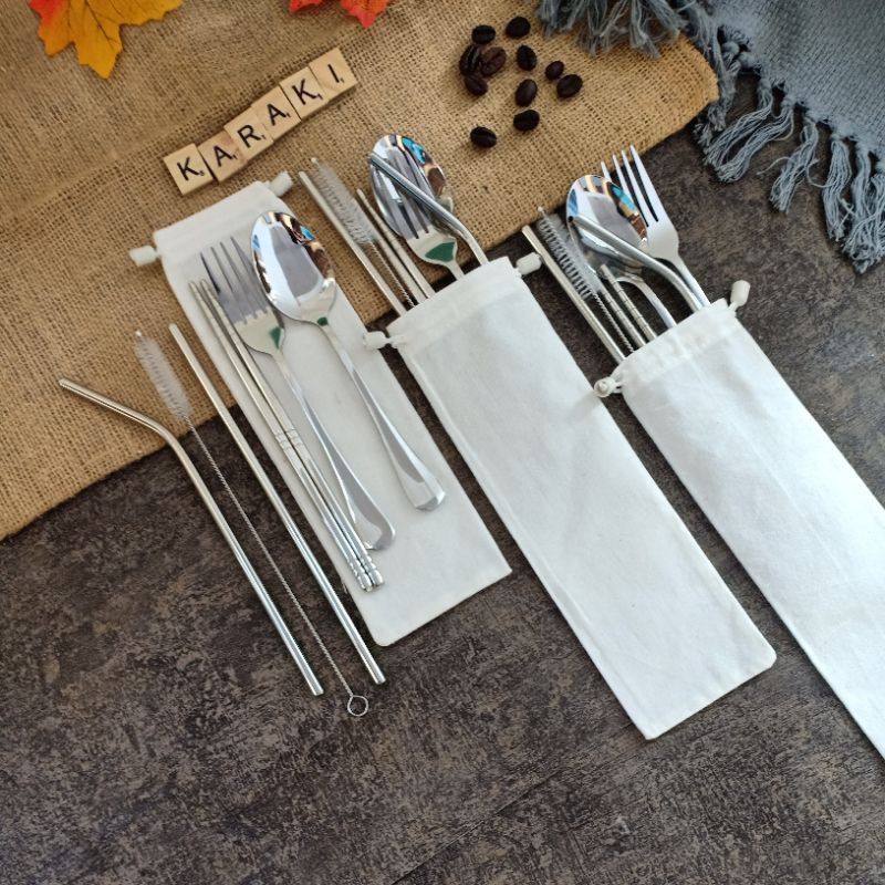 Sendok Makan Sendok Garpu Sumpit Sedotan Stainless Set Pouch