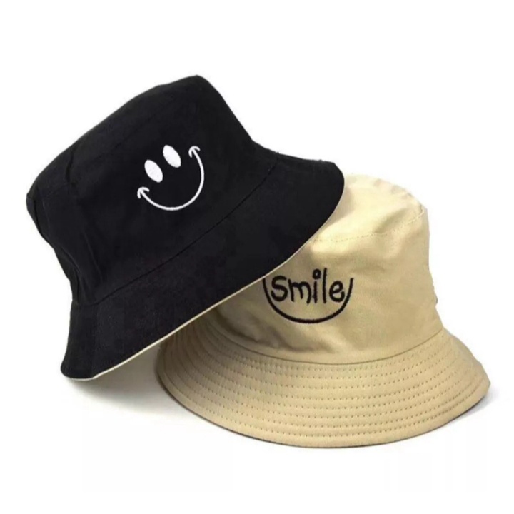 BEST SELLER !! Topi Bucket Wanita Motif Smile 2 Sisi Bolak-Balik Terlaris