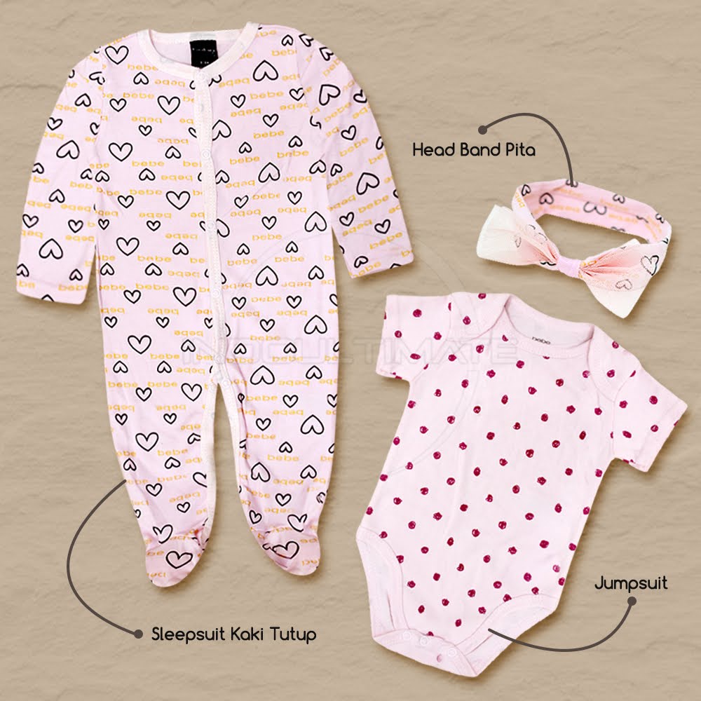 3in1 Set Sleepsuit Bayi Baru Lahir + Jumper Pendek + Bando Jumsuit Import Jumpsuit Anak Bayi Balita Baju Tidur Bayi  BN-5216 Pakaian Bayi Newborn Pita Kepala bayi Baby Head Band Kaos Bayi