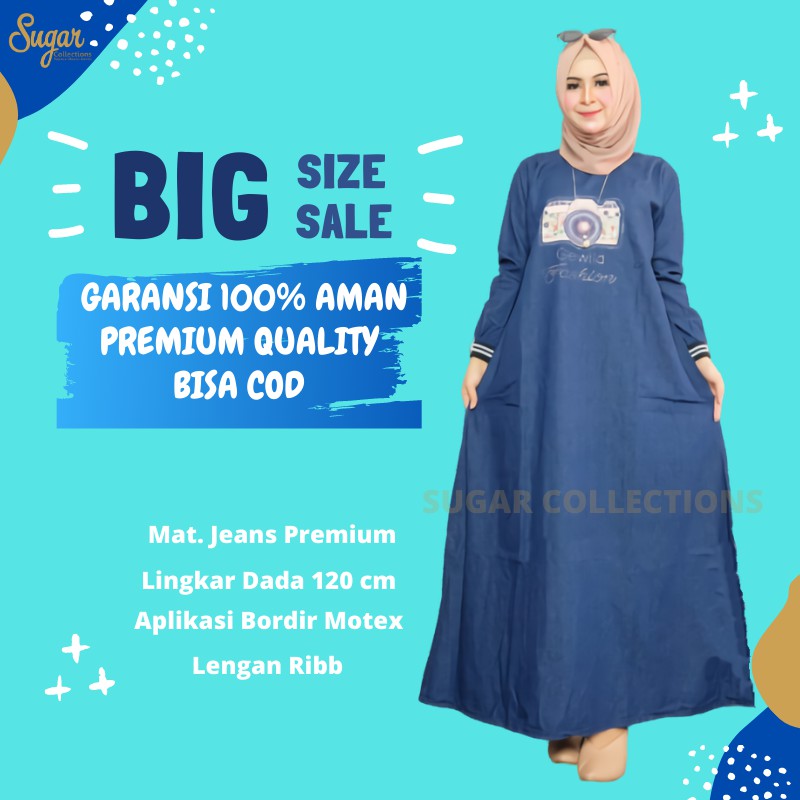 gamis jeans terbaru jumbo Lengan Rib Bahan Jeans Premium COD