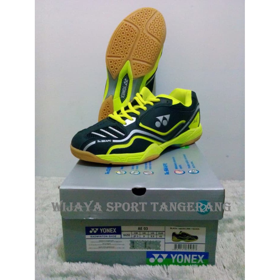 SEPATU BADMINTON YONEX Type AE 03 (BLACK LIME) DIJAMIN 100% ORIGINAL - Hitam- 43