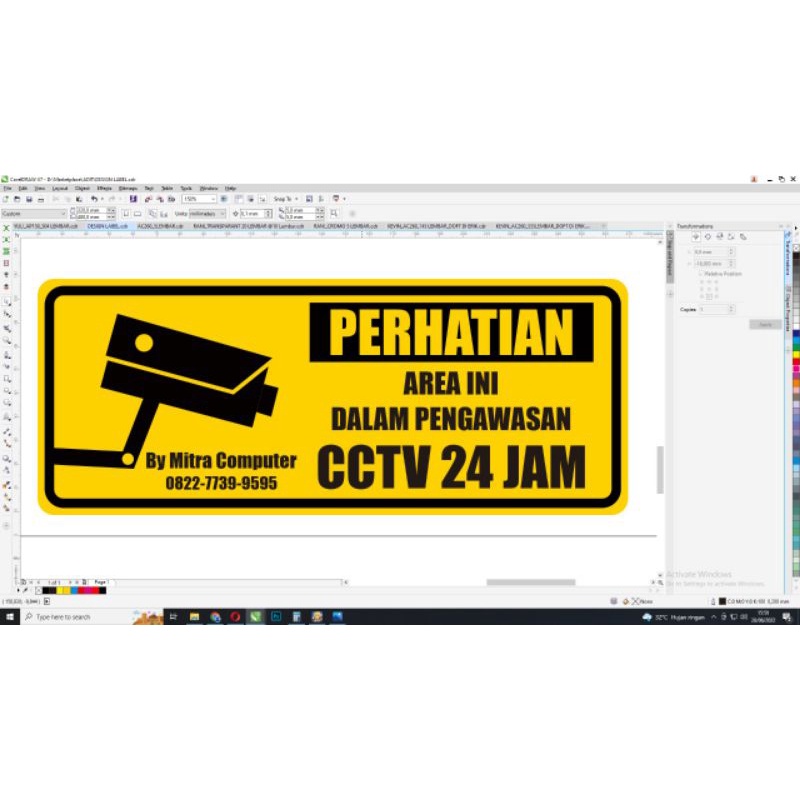 Sticker Stiker Label CCTV ukuran 25 cm x 10 cm Bahan Vinyl Anti Air AREA INI PENGAWASAN CCTV