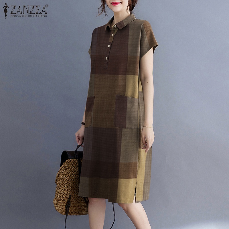 ZANZEA Womens Check Short Sleeve Turn-Down Collar Casual Loose Midi Dress