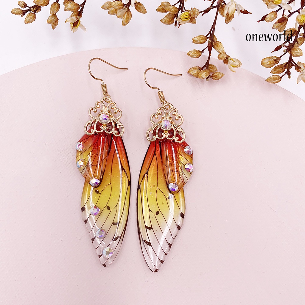 OW# Women Fashion Earrings Butterfly Wing Gradient Color Rhinestone Ear Hook Jewelry