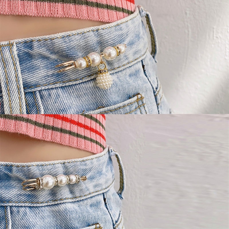 YEEZII 6Pcs/Set Korean Diamond Pearl Brooch Pins Fashion Elegant Waist Fixed Adjuster Clip Women Accessories Jewelry Gift