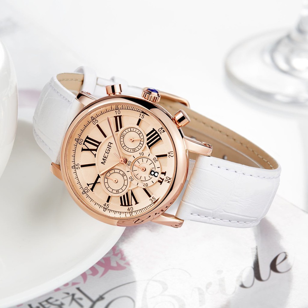 MEGIR 2058 Jam Tangan Wanita Analog Chronograph Tanggal Aktif Tali Kulit WATCHKITE WKOS