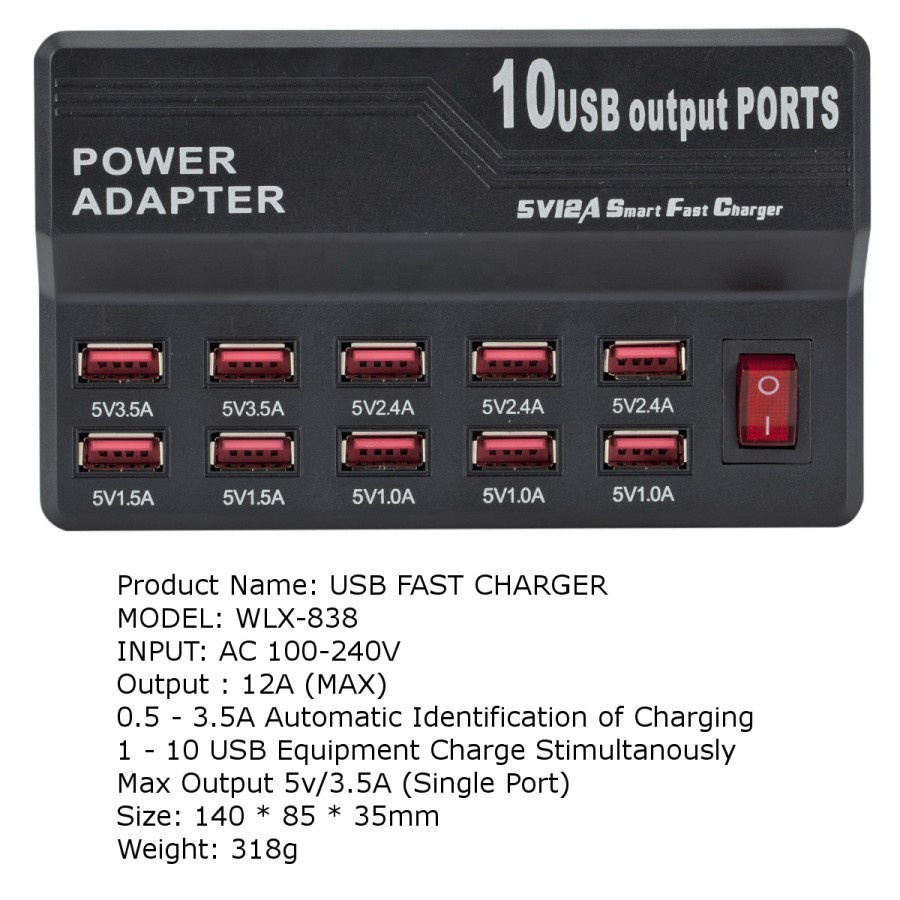 Usb Fast Charger 10 Port USB Power Adapter Max output 12A WLX-838 New