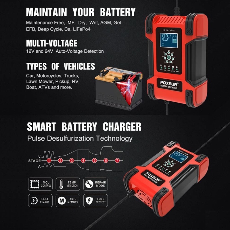 Charger Aki Accu Portable 12-24V 12A 200Ah 105W LCD Automatic Repair