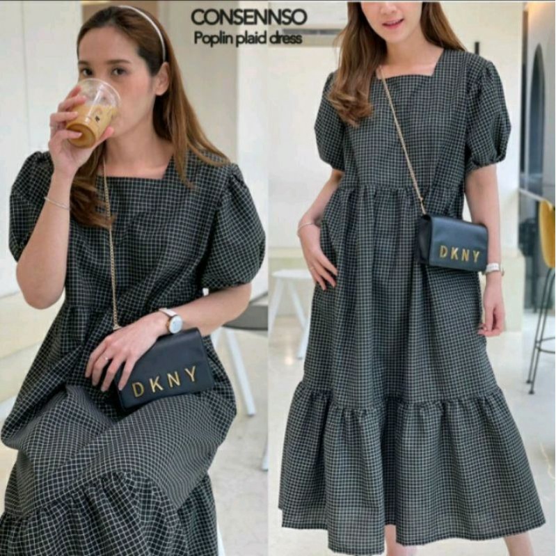 CONSENNSO Paid Black Poplin Dress