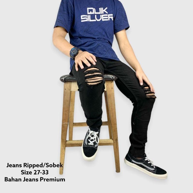 [BAYAR DITEMPAT/COD] Plain Black Hitam Pekat Long Pants Jeans Celana Panjang Stretch Ngaret SOBEK Terlaris