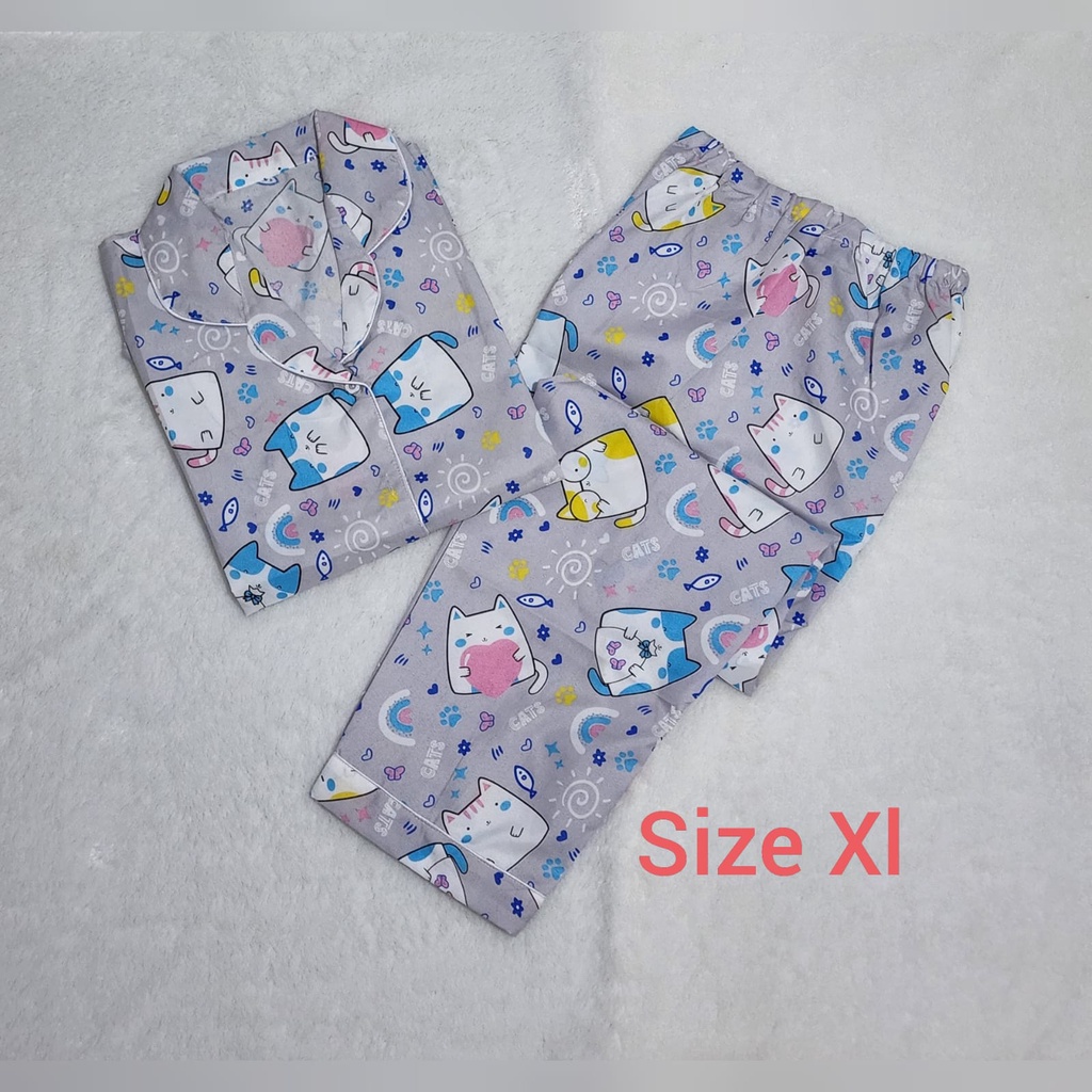 Baju Tidur Dewasa Gambar Lucu LD 104cm / Piyama Katun Lengan Pendek Celana Panjang CP-CP MINI ABU XL