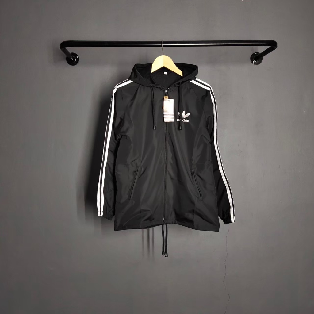 COD Jaket Pria Parasut Adidas Windbreaker Hitam List Putih XL XXL - Jaket Parasut Jumbo - Jaket Olahraga - Trendy Pria Wanita Sauna Joging Murah Pembakar Lemak Running Pelindung Uv Essentials Hoodie Windbreaker