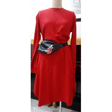 Minioutlet Uniqlo dress women red long sleeves tee waffles rok lengan panjang original