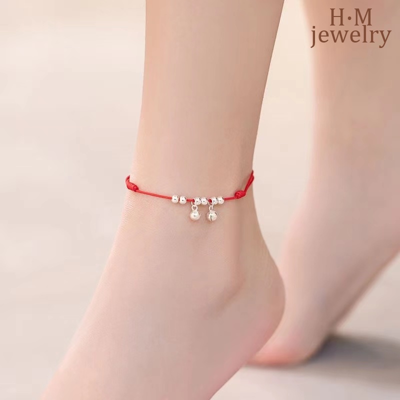 Gelang Kaki Tali Kepang Warna Merah Aksen Lonceng Silver Gaya Kuno