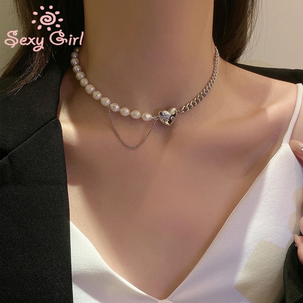 Natural Pearl Love Stitching Necklaces Female Hip-hop Punk Clavicle Chain Summer Simple Accessories Choker