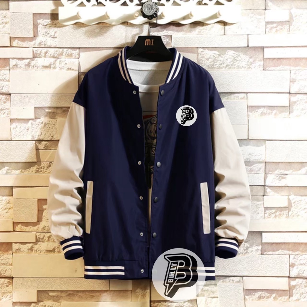 JAKET VARSITY KASUAL OUTWEAR BASEBALL TEBAL KANVAS JACKET CASUAL ORIGINAL DISTRO BLID BIRU X CREAM