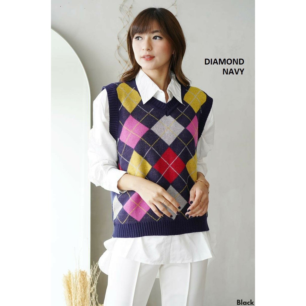 Diamond Knit Vest Rompi Rajut Wanita