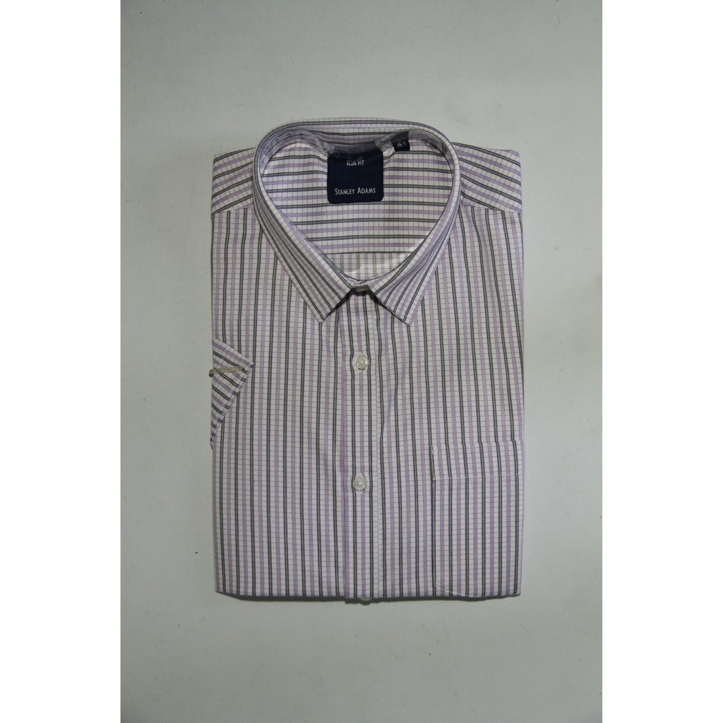 COD Kemeja Pria Stanley Adams Slimfit Lengan Pendek Putih Salur 04 100% Original Brand