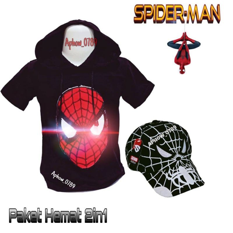 2IN1 PAKET HEMAT KAOS HOODIE ANAK LED TOPI BORDIR SPIDERMAN