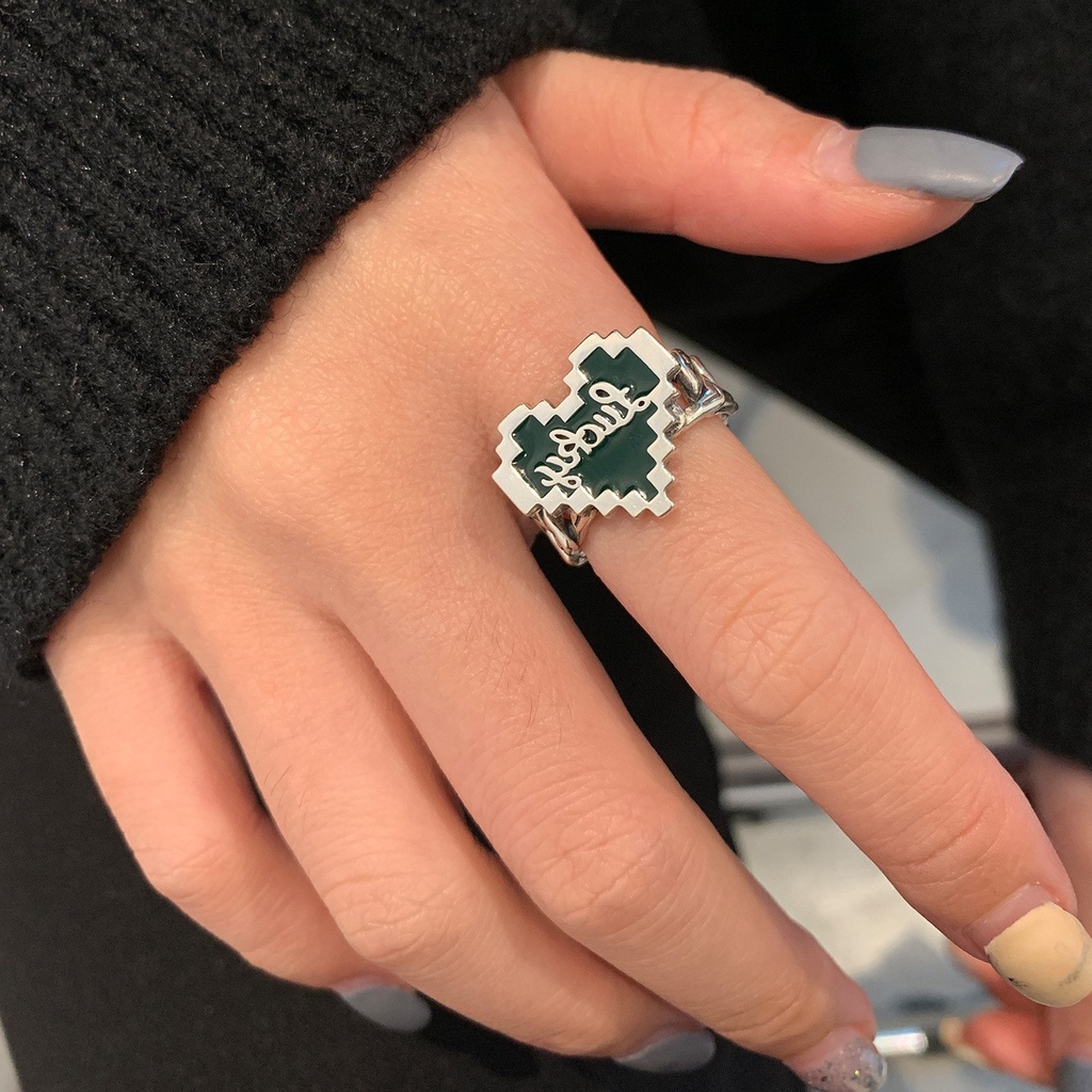 Cincin Model Terbuka Desain Mosaik Hati Warna Hijau Tua Gaya Hip Hop Untuk Wanita