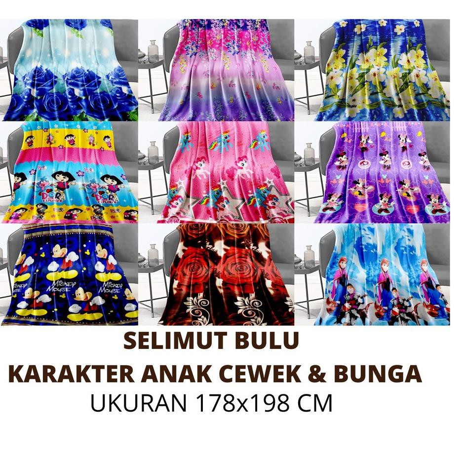 ✭ SELIMUT BULU UKURAN 178X198 CM KARAKTER ANAK CEWEK & BUNGA DORA, FROZEN, HELLO KITTY 475 GRAM ●