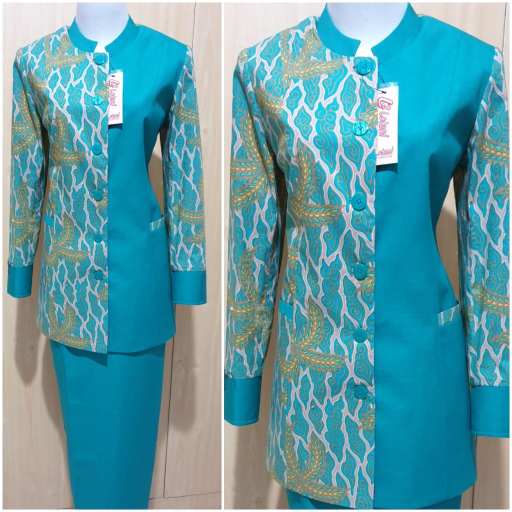 Blazer Kerja Wanita Hijau Tosca Kombinasi Batik Stelan Rok Span Blezer Kantor Wanita Seragam Kerja H