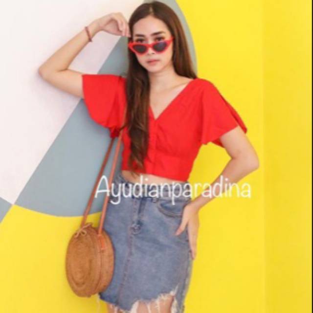 TOP SELENA  V NECK BLOUSE PUFFY TOP CROP TOP