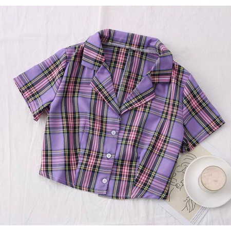 TBI Vintage Crop Top Lisa Plaid Baju Kotak Wanita Korea Style Blackpink - RED - LOKAL